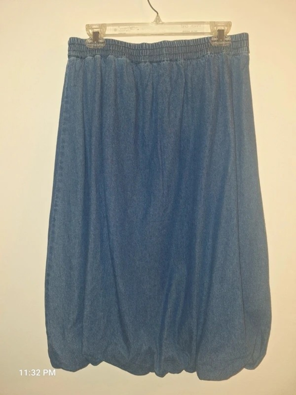 Elastic-Waist Midi Denim Bubble Skirt - Blue